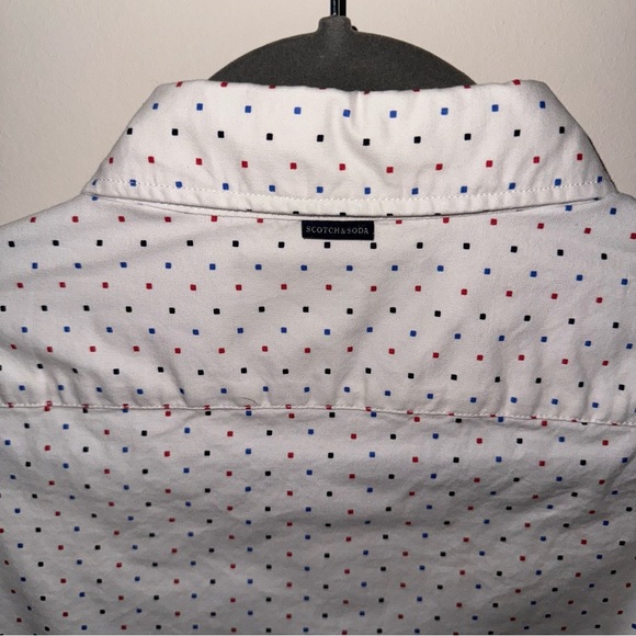 Scotch and Soda Men's Red, White, and Blue Polka Dot Oxford Dress Shirt - Picture 9 of 11